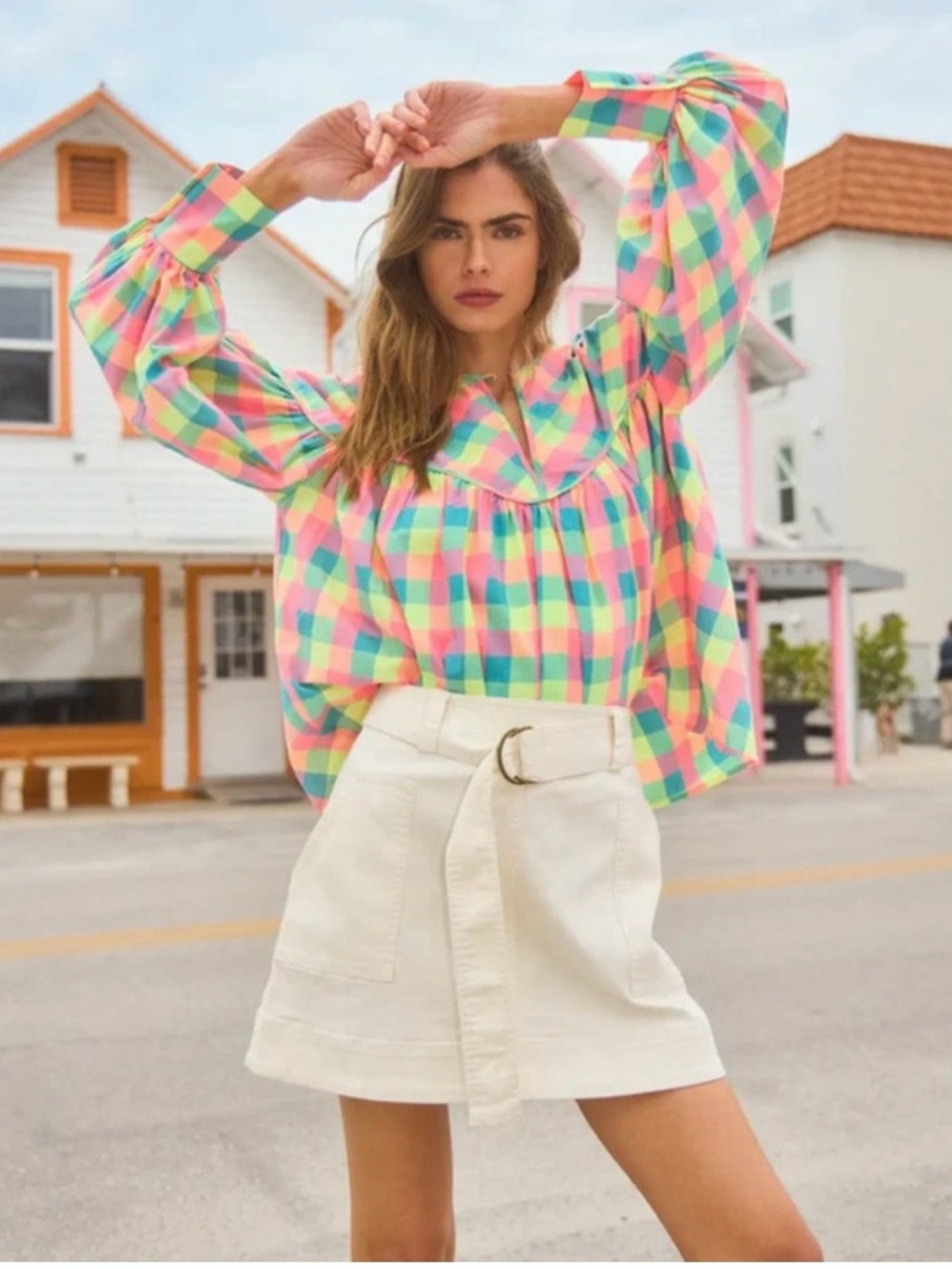 NWT HUNTER BELL Naya Blouse. Key Largo Plaid. Size XL. Retail price $375.